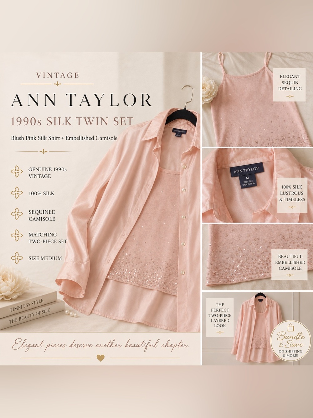 Vintage Ann Taylor Light Pink Silk Shirt &Sequined Camisole 2-Piece Set Size Med